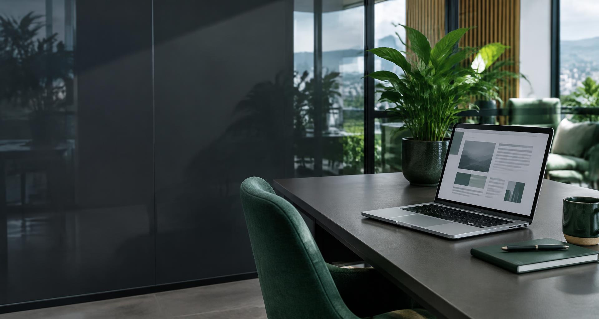 Laptop and monitor in a modern business workspace